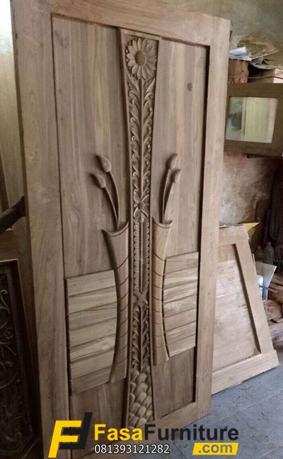 Daun Pintu Kamar Mewah Ukiran Bunga Matahari Kayu Jati