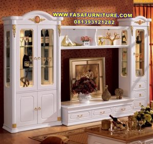 Set Bufet TV Mewah Lemari Hias Kaca 3 Pintu