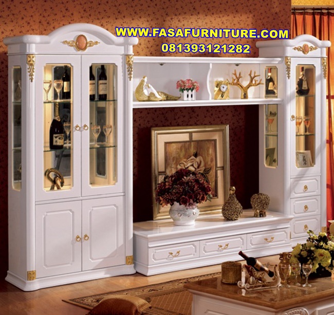 Set Bufet TV Mewah Lemari Hias Kaca 3 Pintu