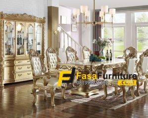 Set Meja Makan Mewah 8 Kursi Lemari Hias Ukir