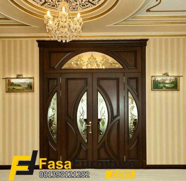 Pintu Utama Minimalis Motif Kaca Patri Tengah Jati