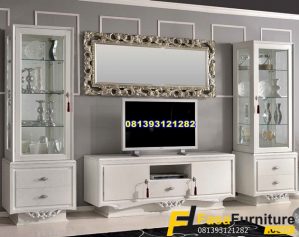Meja TV Minimalis 2 Lemari Pajangan Kaca Bevel Klasik