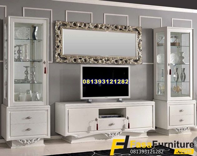 Meja TV Minimalis 2 Lemari Pajangan Kaca Bevel Klasik