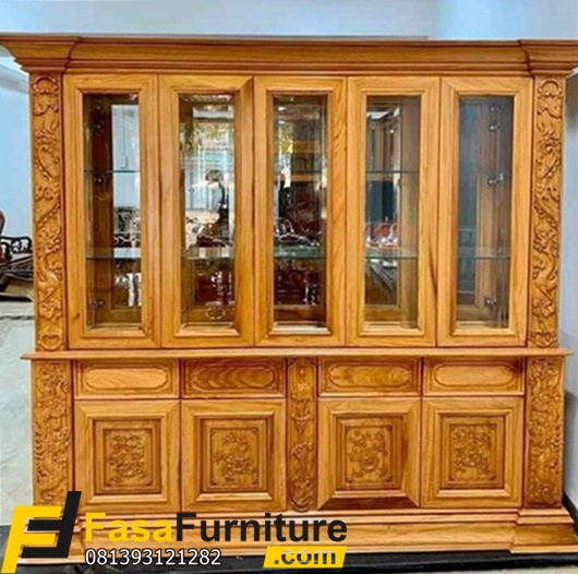 Lemari Hias Mewah Ukir Kayu Jati 5 Pintu
